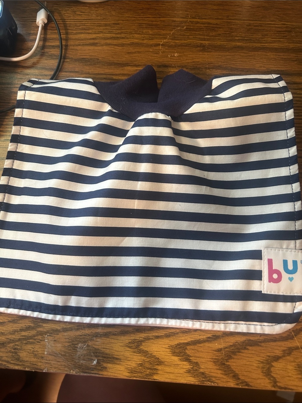 Navy and White Striped Bib with mock neck and snap